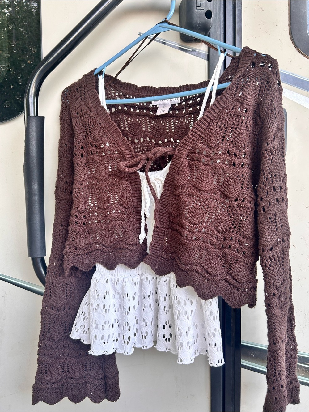 Sinful Brown Openwork Tie-Front Cropped Cardigan